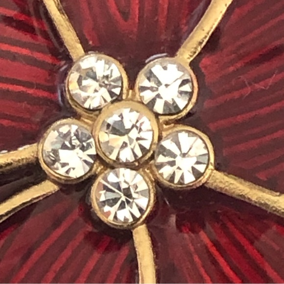 2” Candy Apple Red Poinsettia & Rhinestone Christmas Brooch Pin Gold Tone - Picture 4 of 5